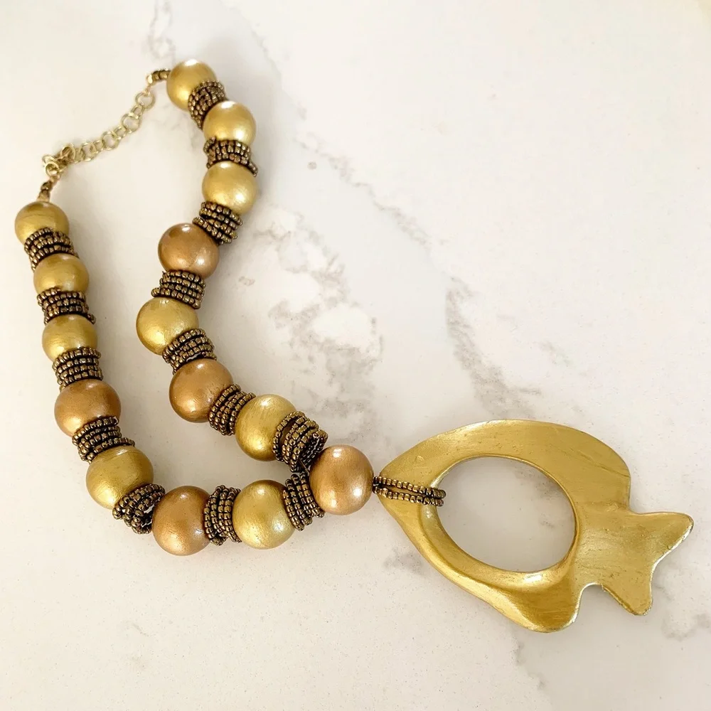 Hand Painted Wood Necklace Gold